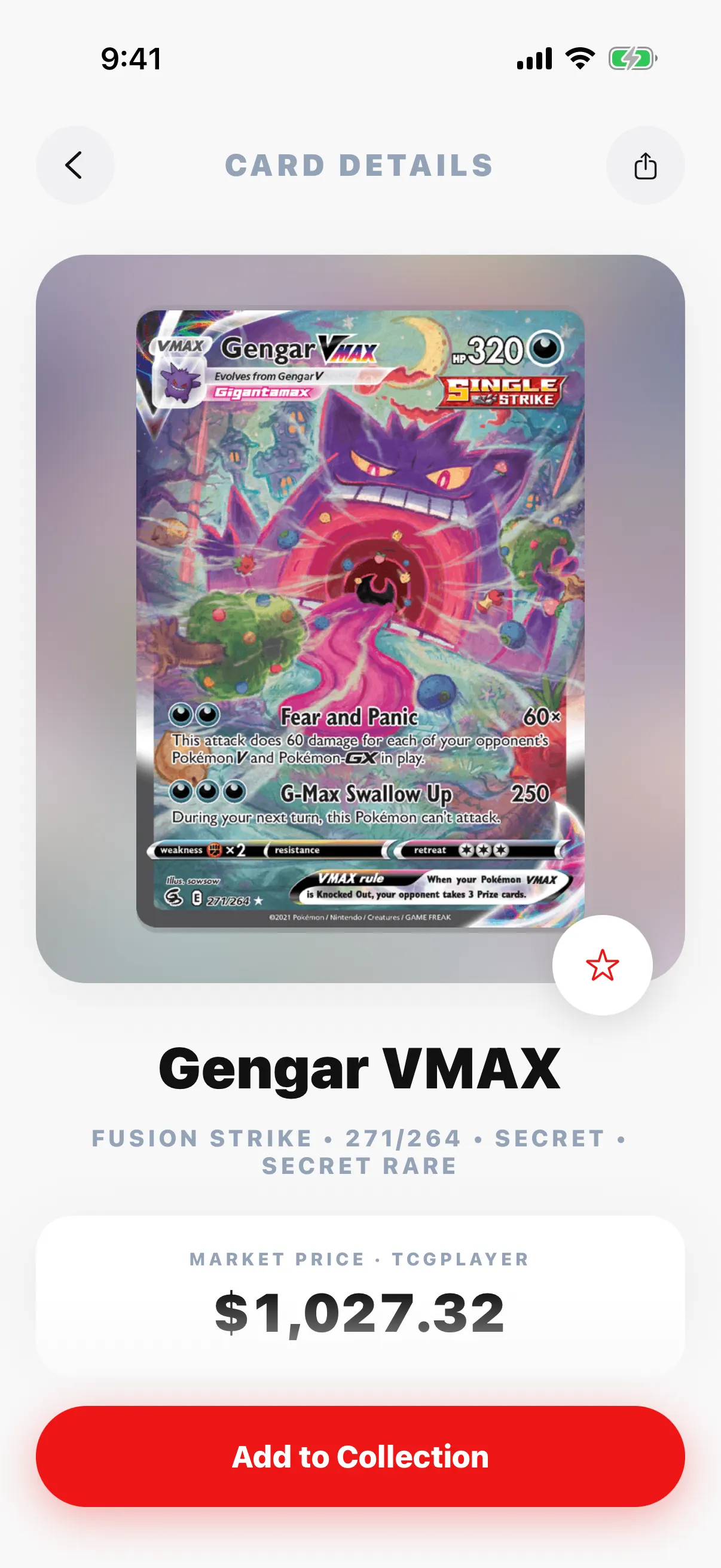 Gengar VMAX card detail with a TCGplayer market price of $1,027.32