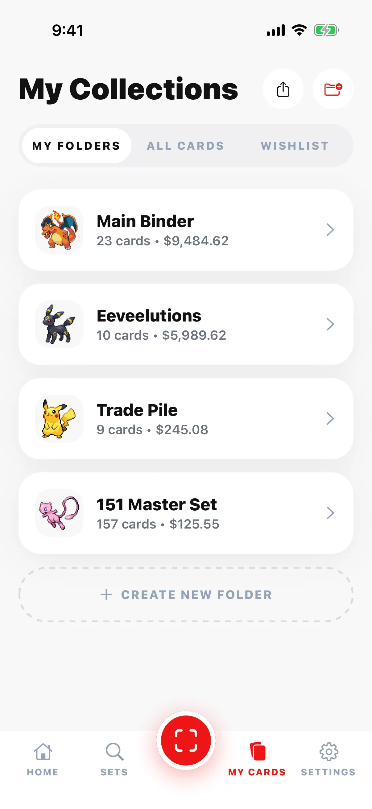 Four folders: Main Binder $9,484.62, Eeveelutions $5,989.62, Trade Pile $245.08, 151 Master Set $125.55