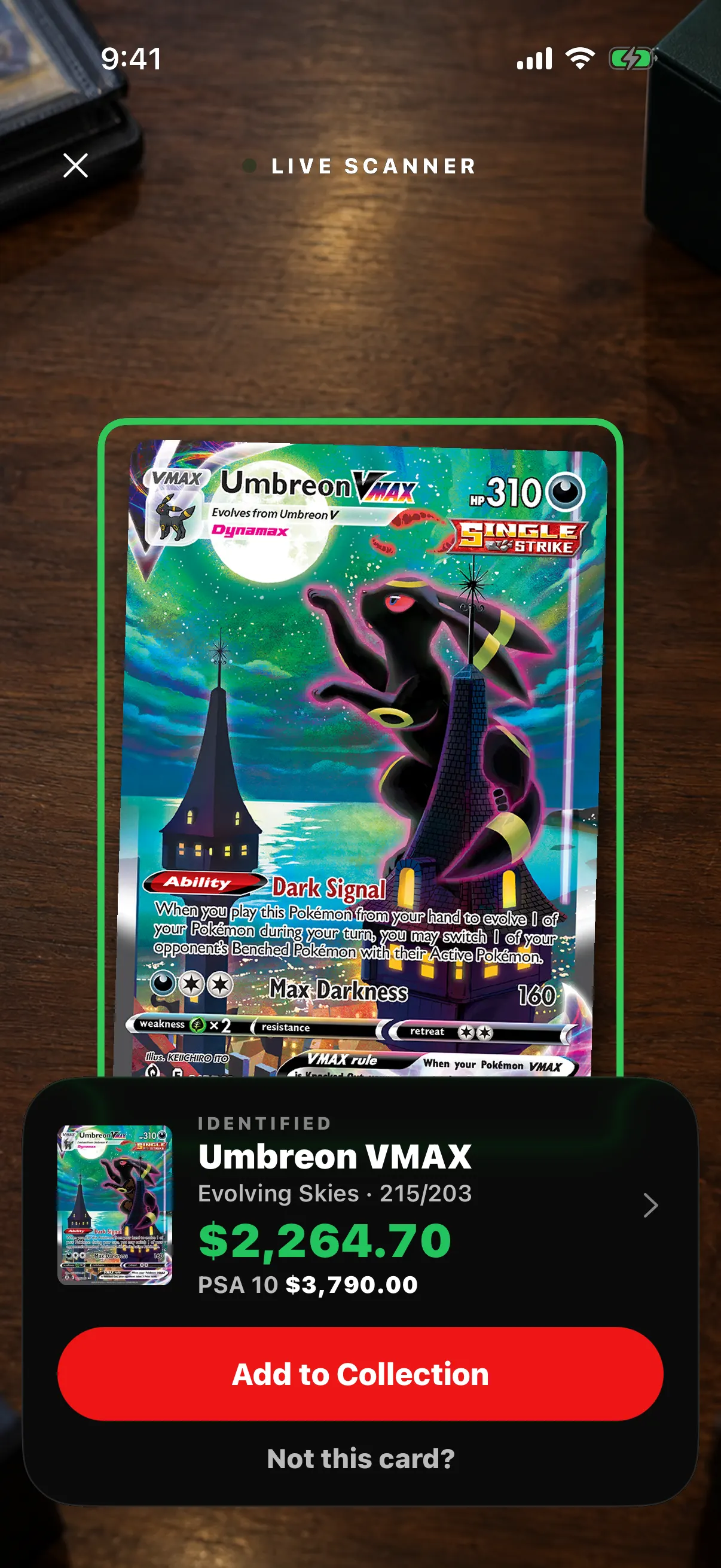 PokeScan live scanner identifying Umbreon VMAX and showing $2,264.70