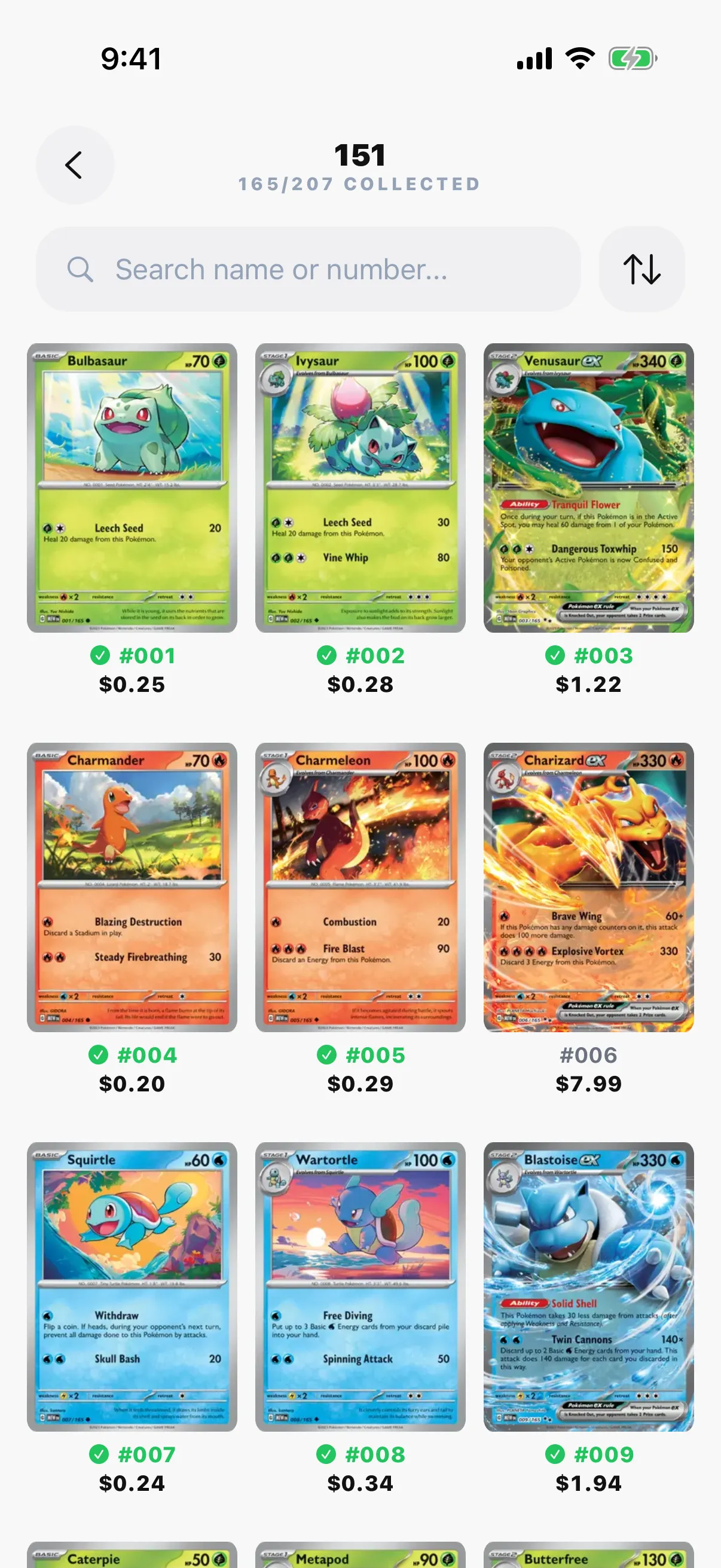 The 151 set in PokeScan with 165 of 207 cards collected and a price under each card